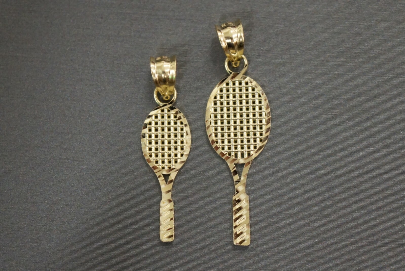 10K Solid Yellow Gold Diamond Cut Racket Tennis Racquet Charm Pendant. 2 Sizes