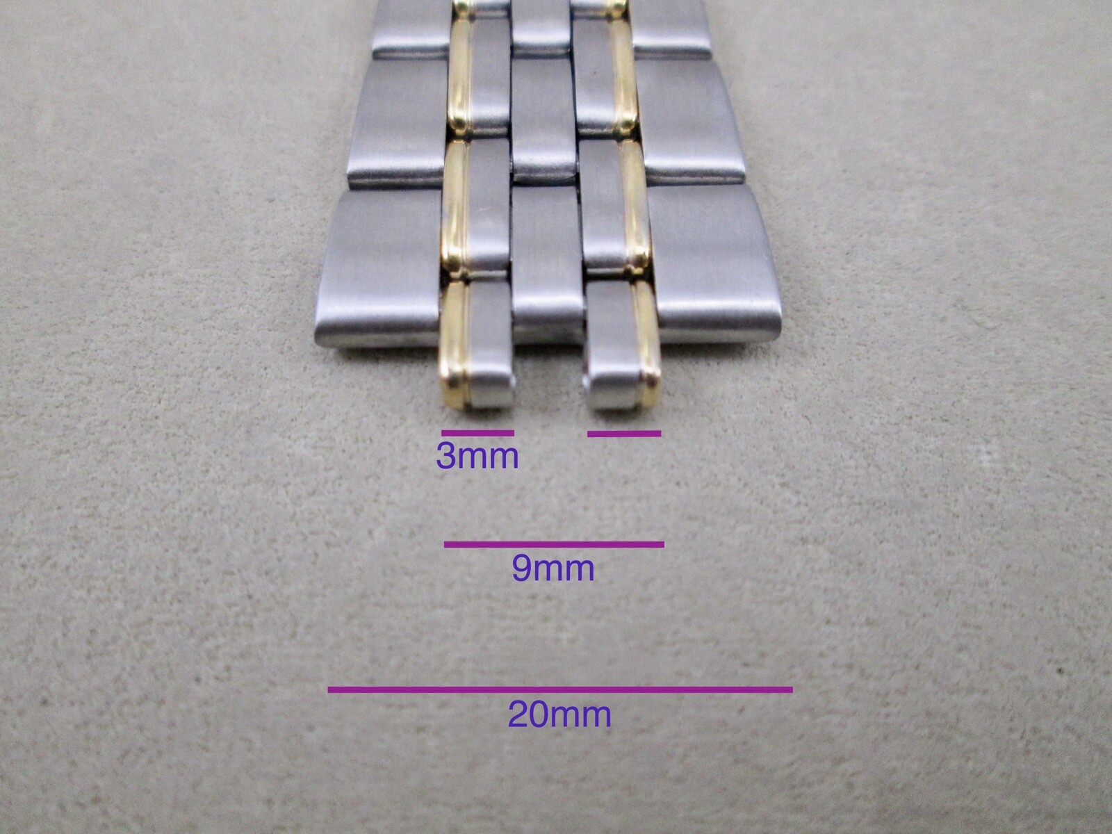 3mm 9mm 20mm lug size men’s st. steel watch band two tone fold over clasp 6.25″
