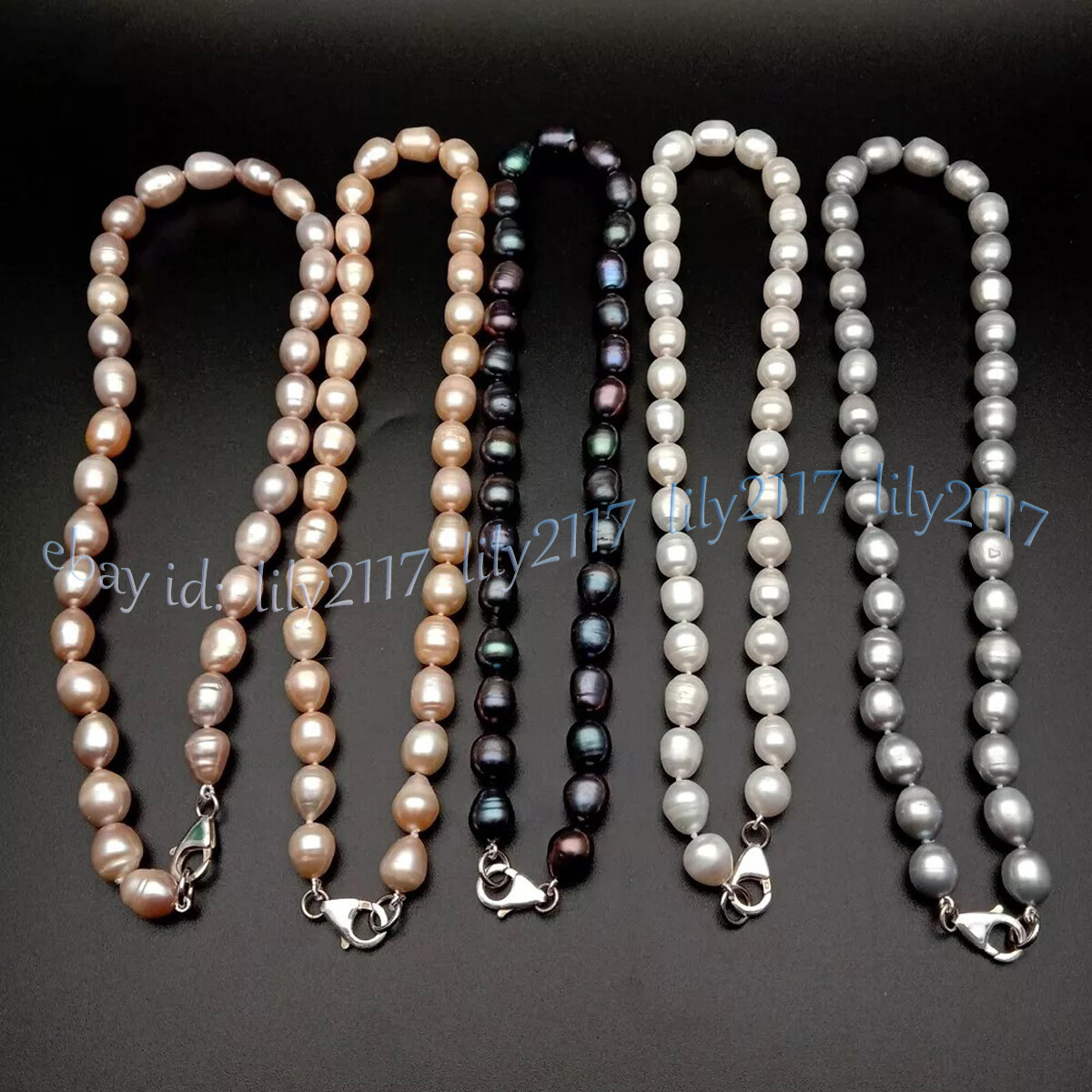 Natural White Black Gray Pink Purple Rice Cultured Pearl Necklace Silver Clasp