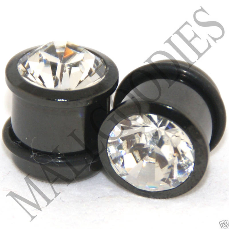 0322 Black Solid Clear Faceted Crystal Gem Retainer Ear Plugs 1/2″ Inch 12.7mm