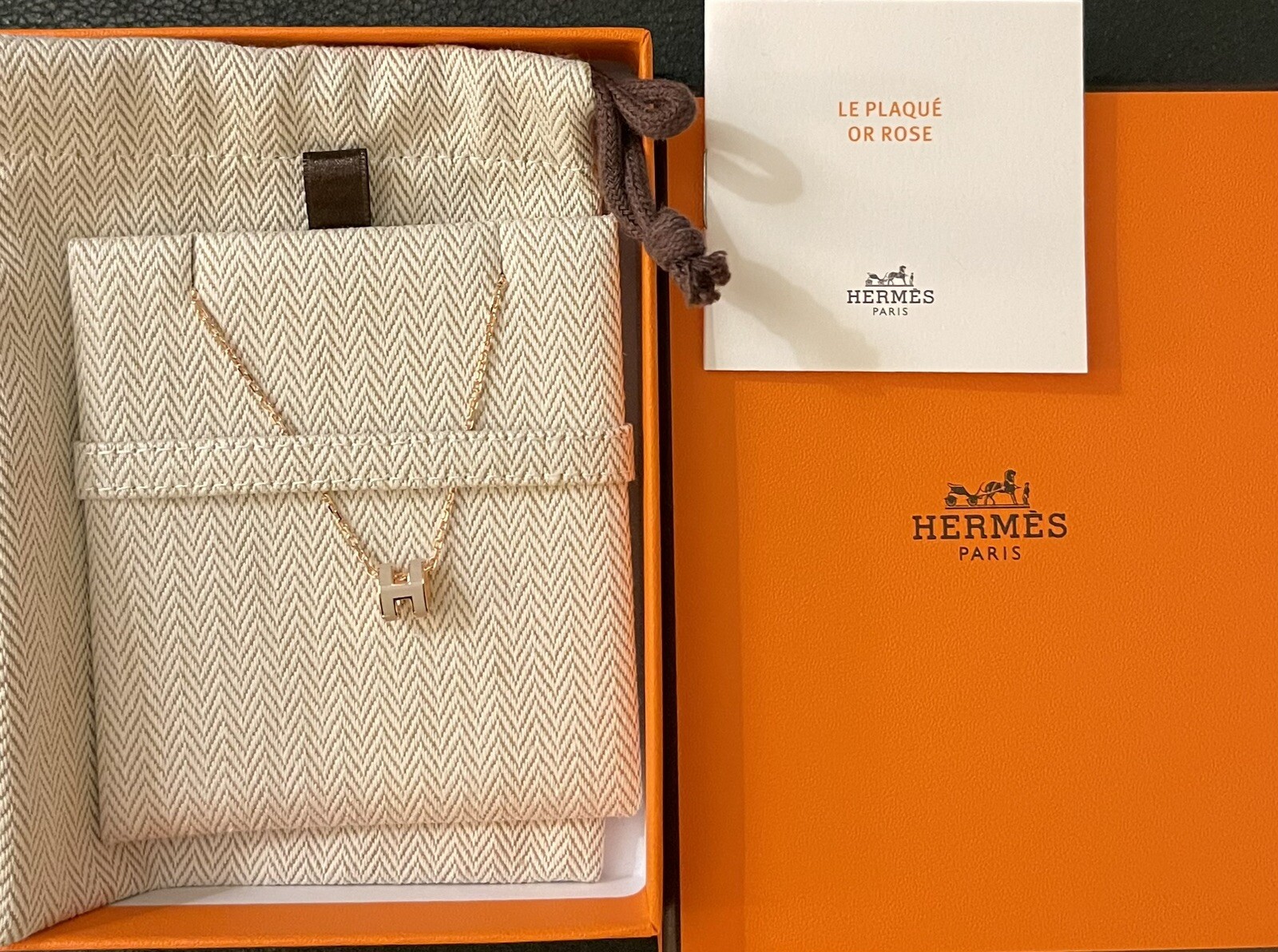 New HERMES Mini Pop H Pendant Necklace Marron Glace Rose Gold Hardware RGHW