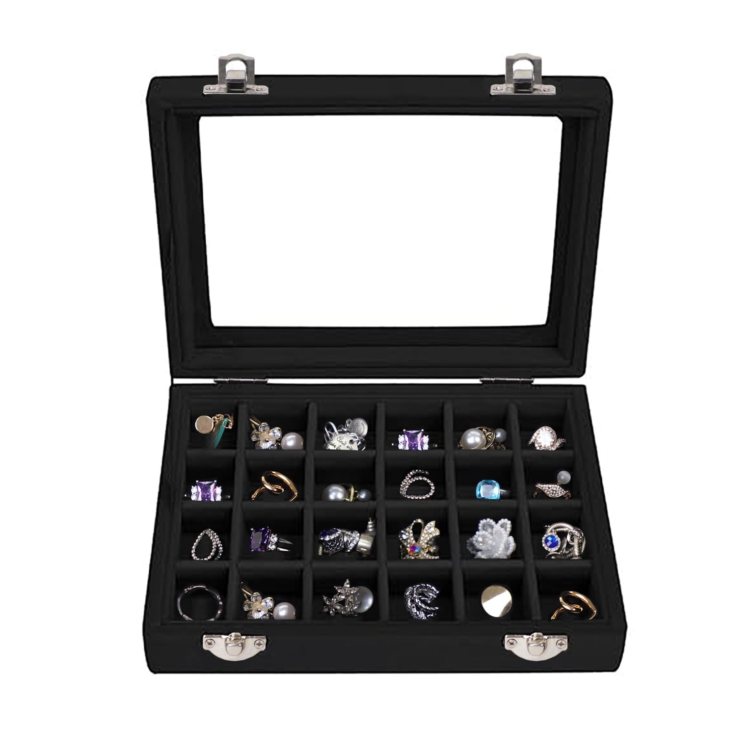 Velvet Jewelry Box 24 Grid Earrings Display Organiser Black