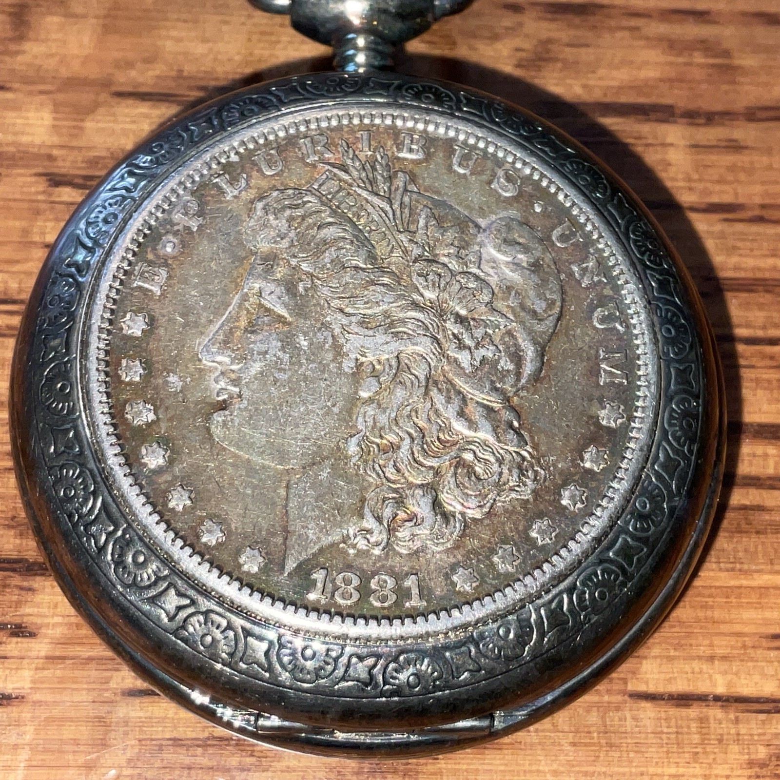 American Historic Society Mechanical Wind Morgan 1881 Dollar Pocket Watch