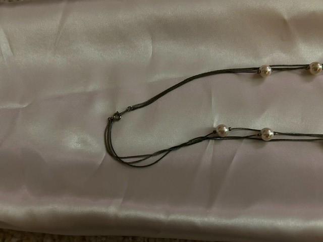 Three Strand Ivory Faux Pearl Long Necklace with Dark Metal Chain