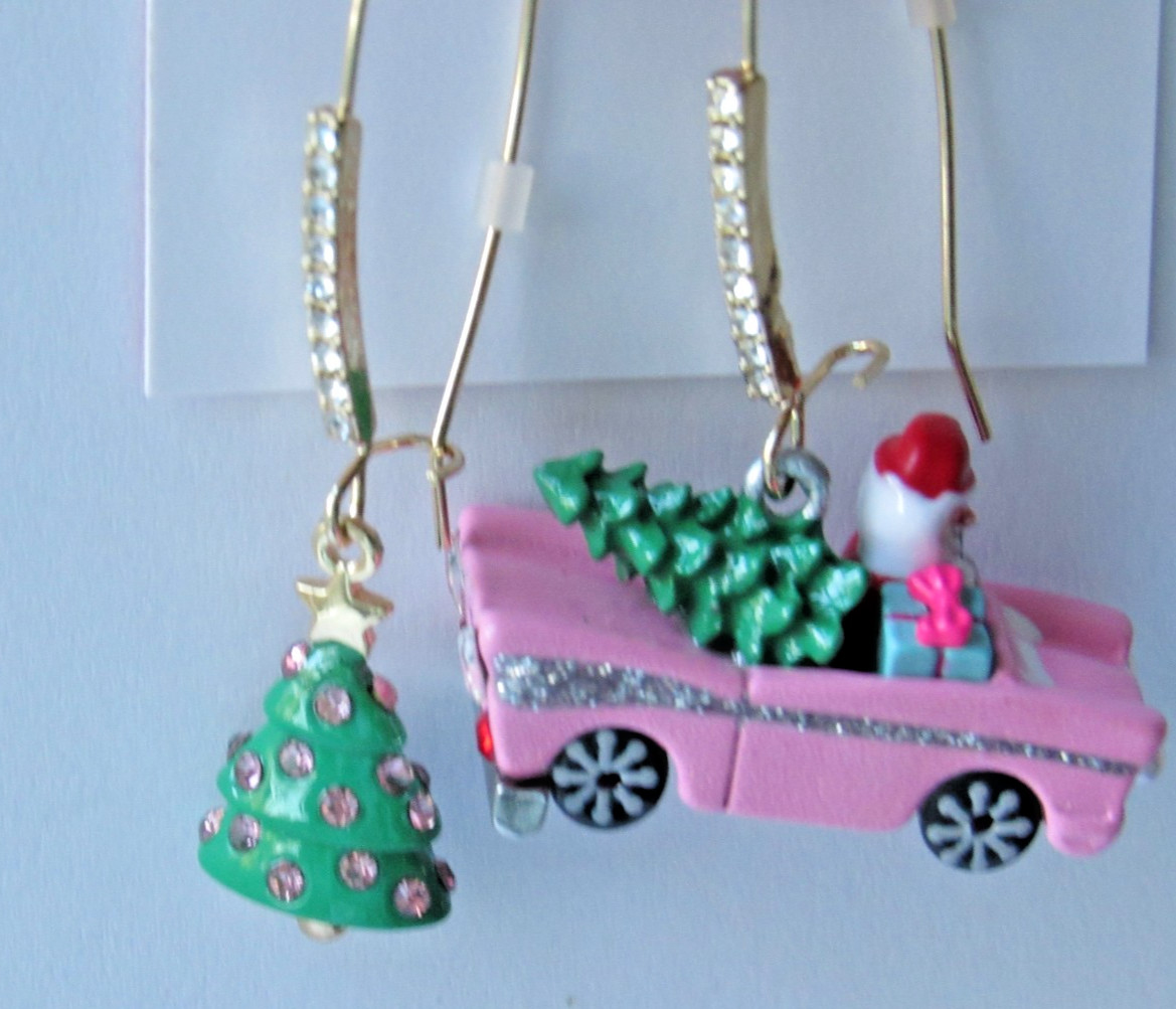 Betsey Johnson Jingle Bell Bling Santa Clause & Tree Mismatch Drop Earrings NEW