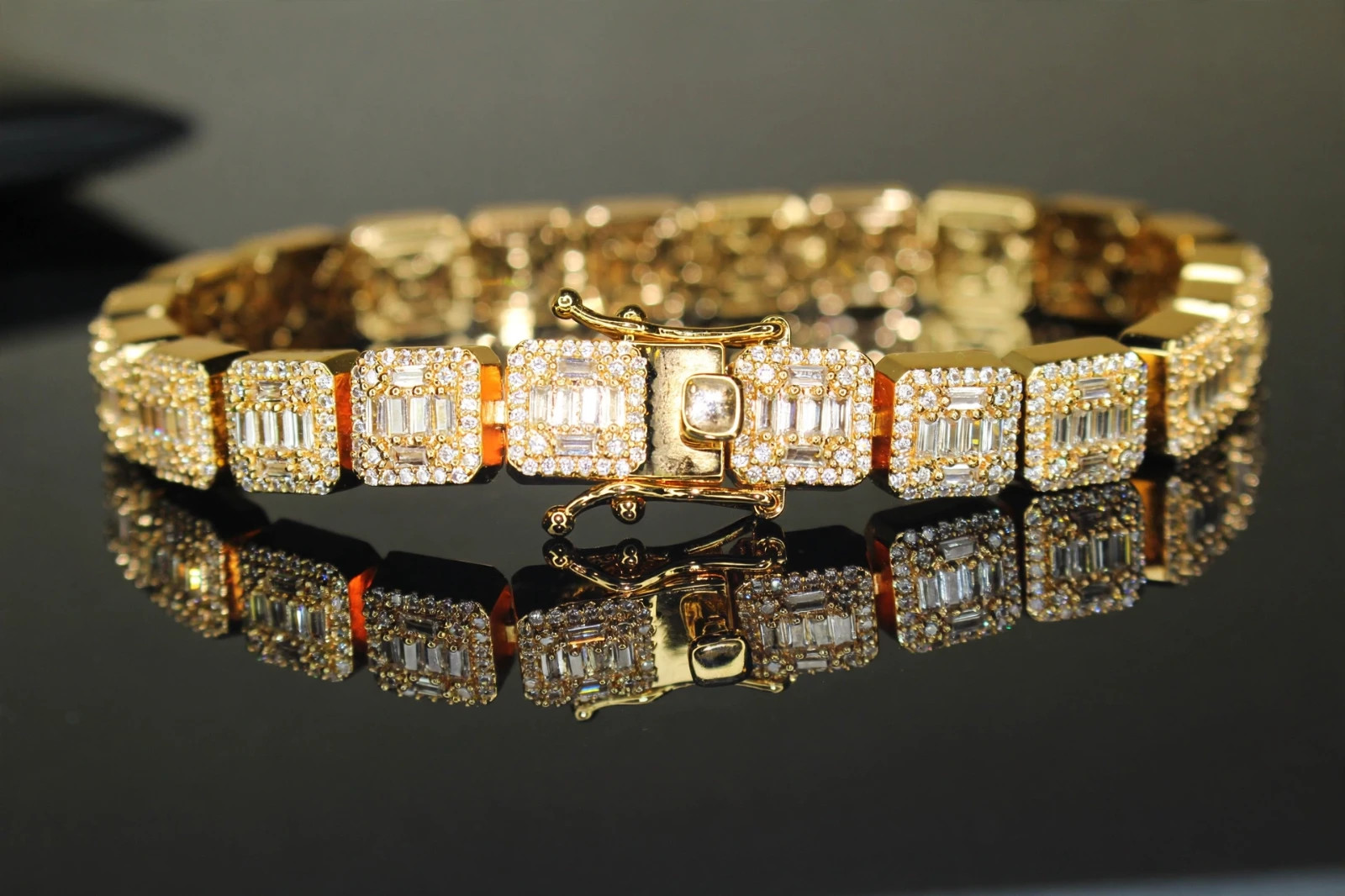 14k STAMPED 10mm BAGUETTE Tennis 18.6ct Lab Sim Diamond BRACELET 56g+ Gold