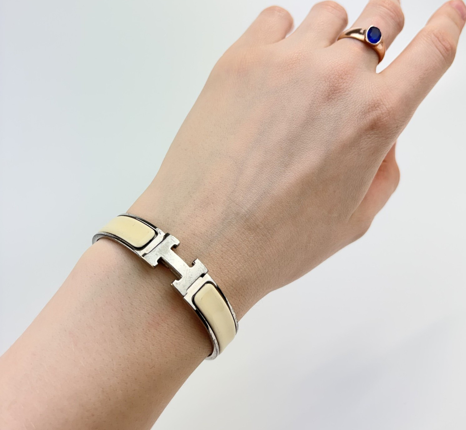 Hermès Clic Clac H Bangle Bracelet PM Cream White Enamel & Palladium Hardware
