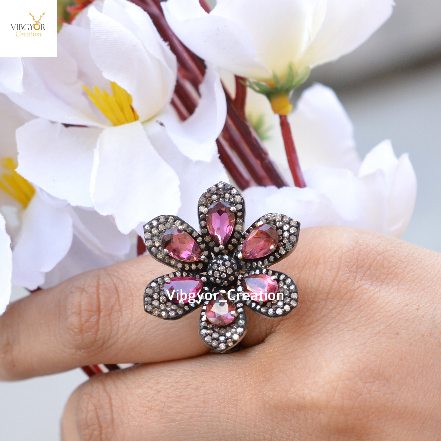 Pave Diamond Tourmaline Flower Ring 925 Solid Silver Wedding Anniversary Gift