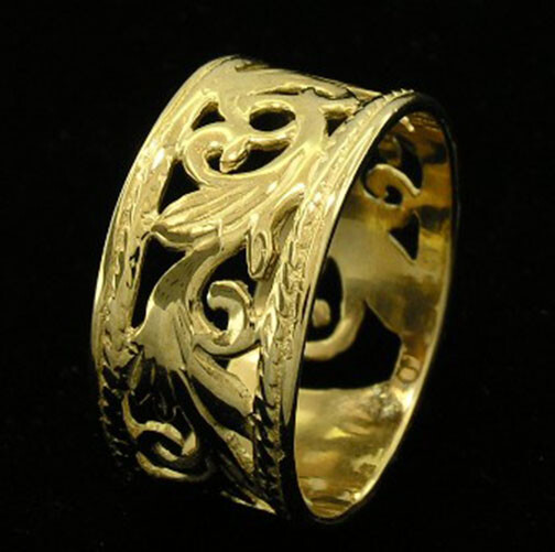 9K Solid Gold Filigree Foliage Band Ring – Wide Vintage Style, Custom Size