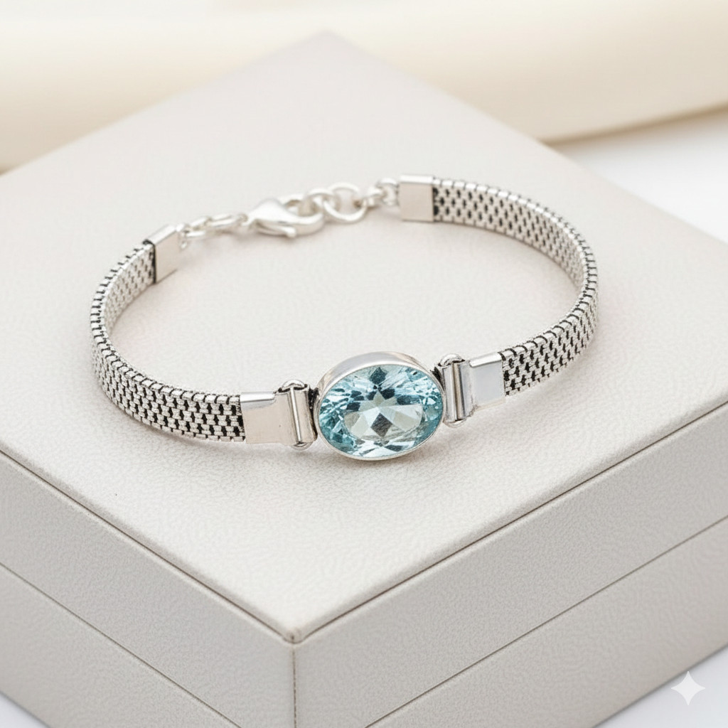 Blue Aquamarine Gemstone Handmade 925 Sterling Silver Jewelry Chain Bracelet