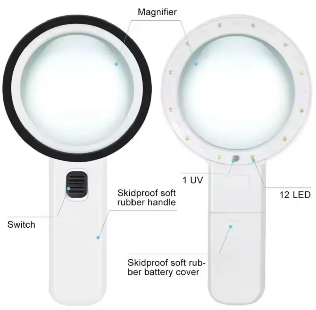 30X Jumbo Handheld Magnifying Glass w/ 12 Bright LED Light Illuminated Magnifier