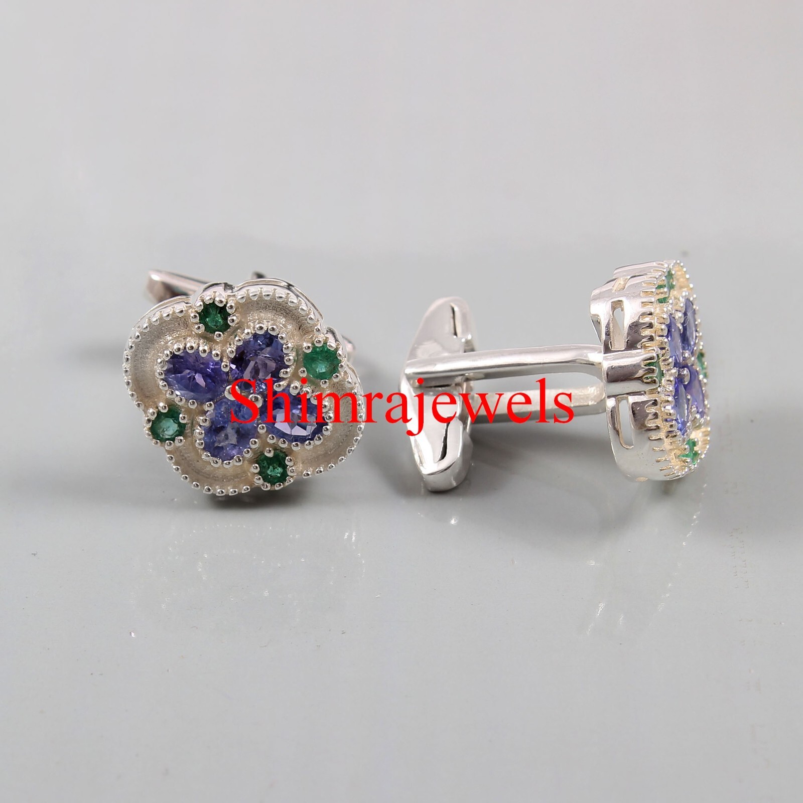 Natural Tanzanite & Simulated Emerald With 925 Sterling Silver Cufflinks #352
