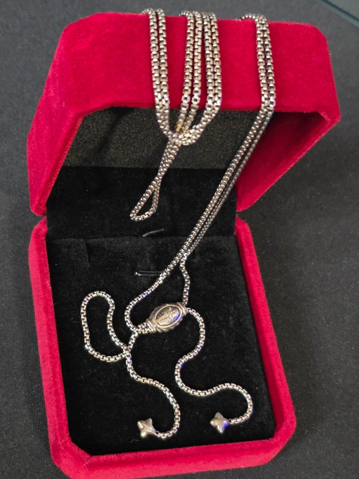 David Yurman Sterling Silver Adjustable Box Chain Slider Lariat Necklace