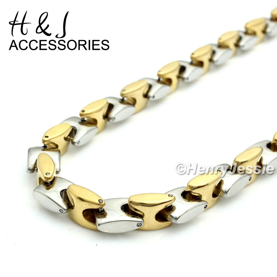 24″Stainless Steel HEAVY 8mm Silver/Gold Plated Interlock Bone Necklace Bracelet