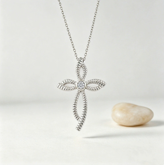 Twisted Ribbon Cross Clear CZ Faith Religious Accessory Women Necklace