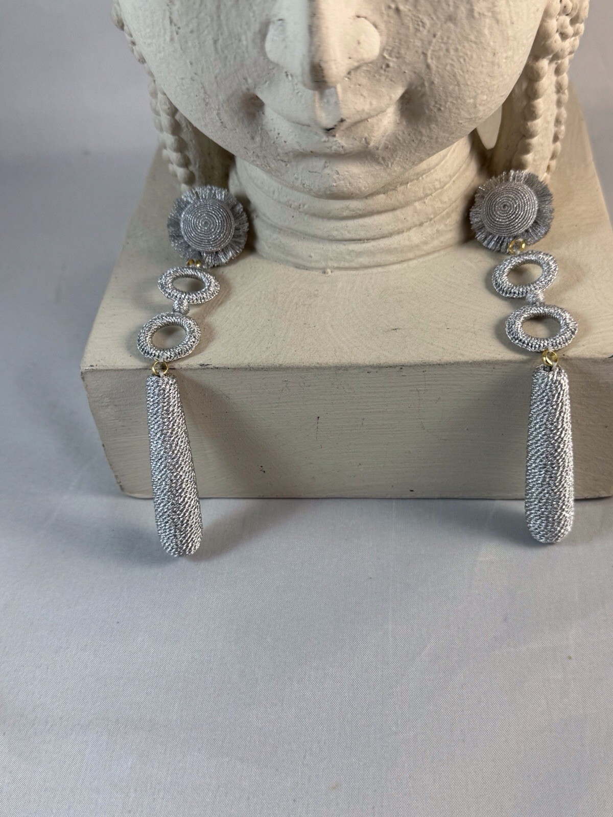 LEYLA GANS Amelie Wrapped Cord Drop Earrings ~ Metallic Silvertone cord~ Pierced