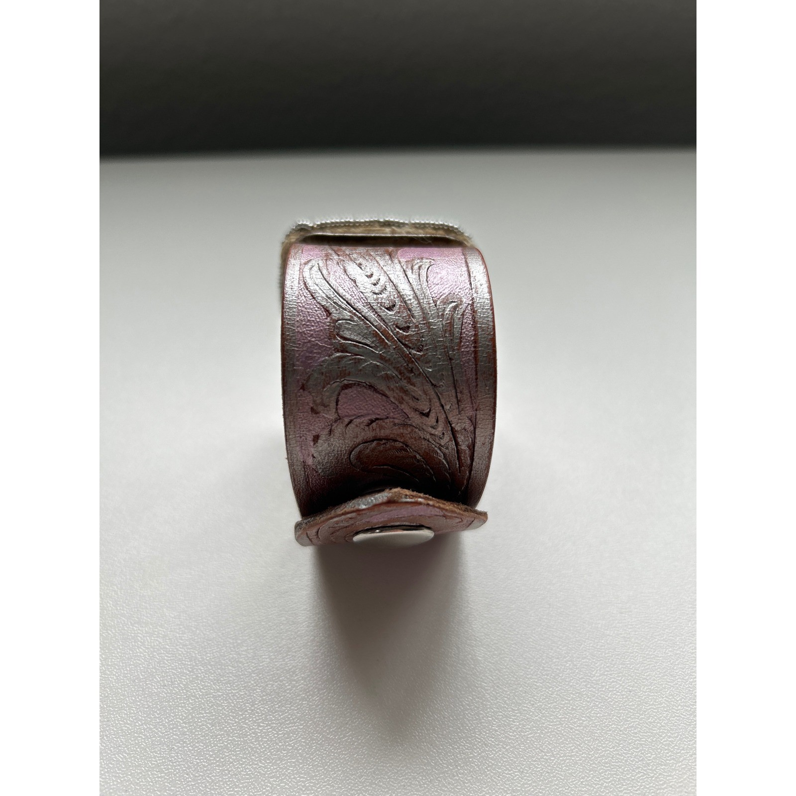 Boho Beaded Cuff Bracelet Metallic Leather Floral Emboss Snap Closure Statement