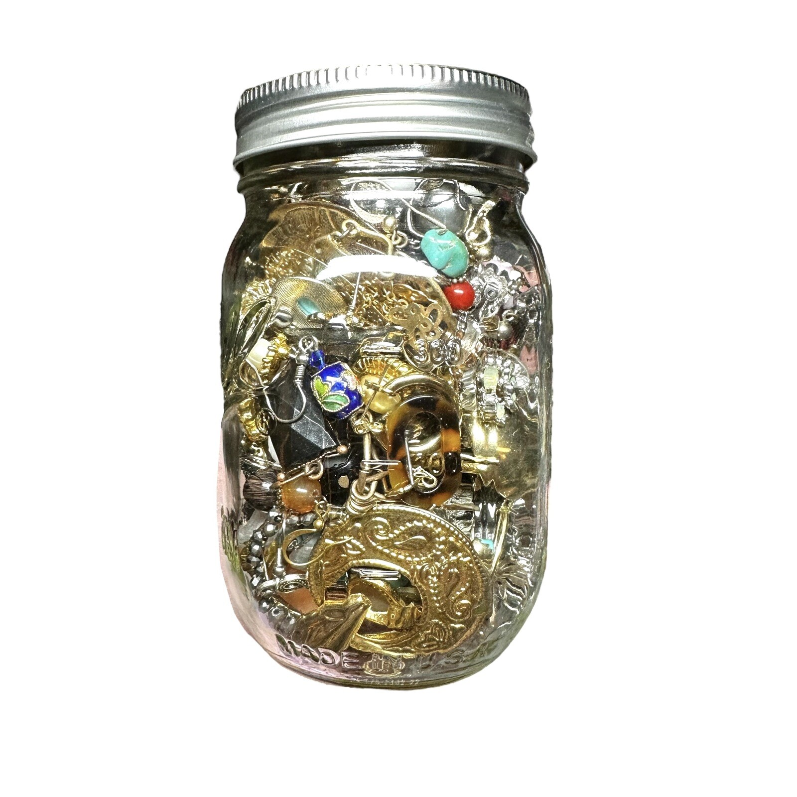 1+Lb Full (1) Ball Mason Jar Mystery Lot All Wearable Jewelry GUC Necklaces Etc.
