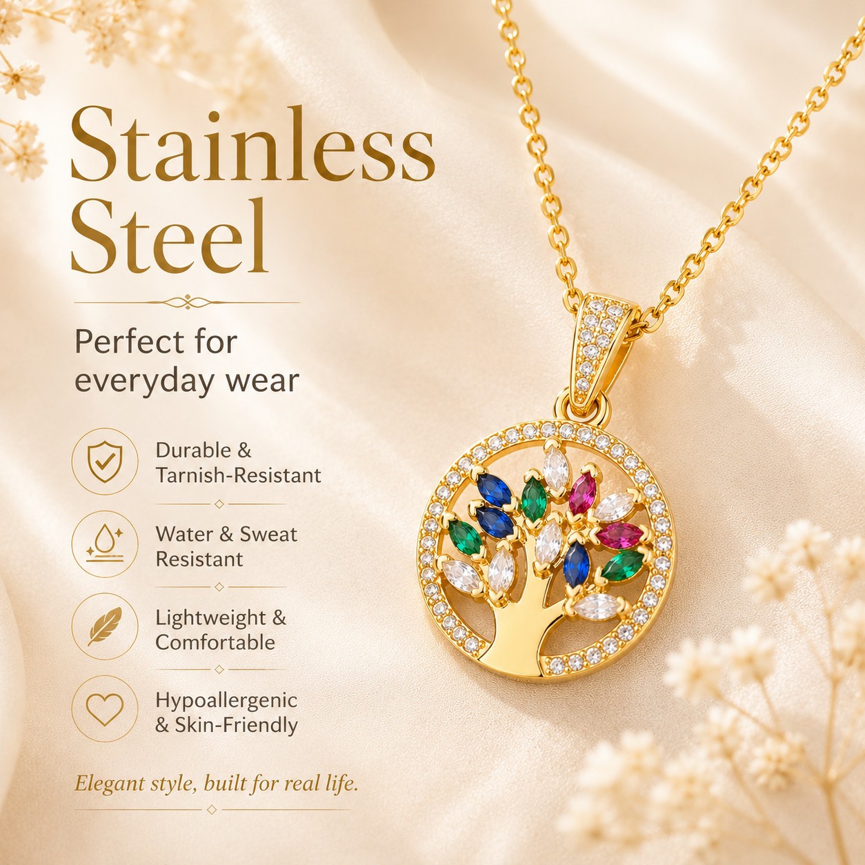 Tree of Life Necklace Women Gold Tone Stainless Steel Pendant Colorful Stones