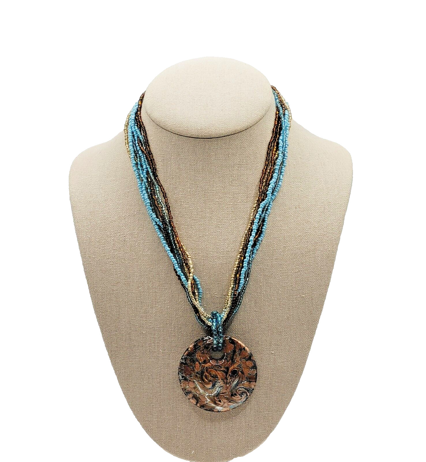 8 Strand Seed Beed Necklace with Metallic Foiled Large Round Art Glass Pendant