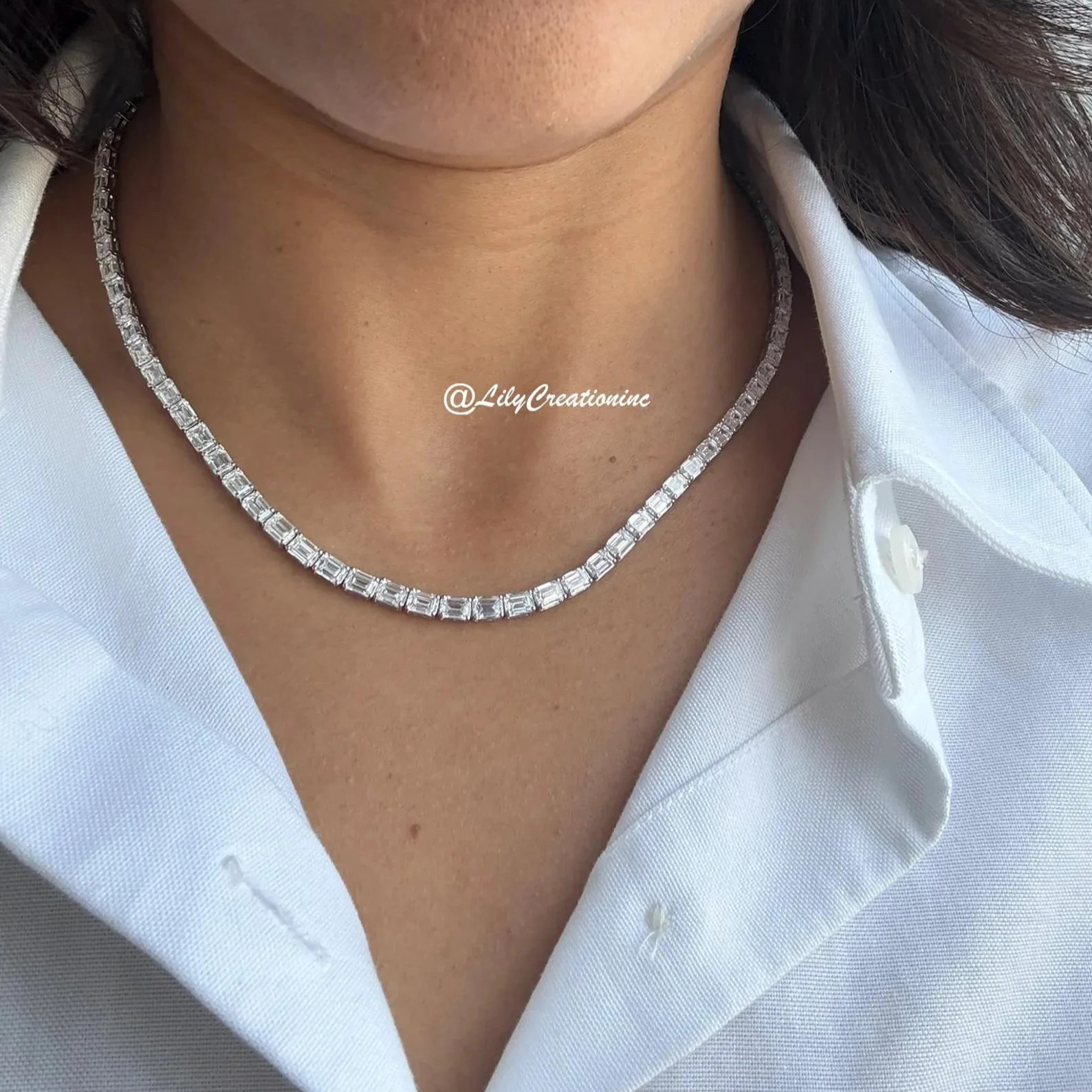 28 Carat Emerald Cut Lab Grown Diamond Tennis Necklace 14K White Gold 18 Inch