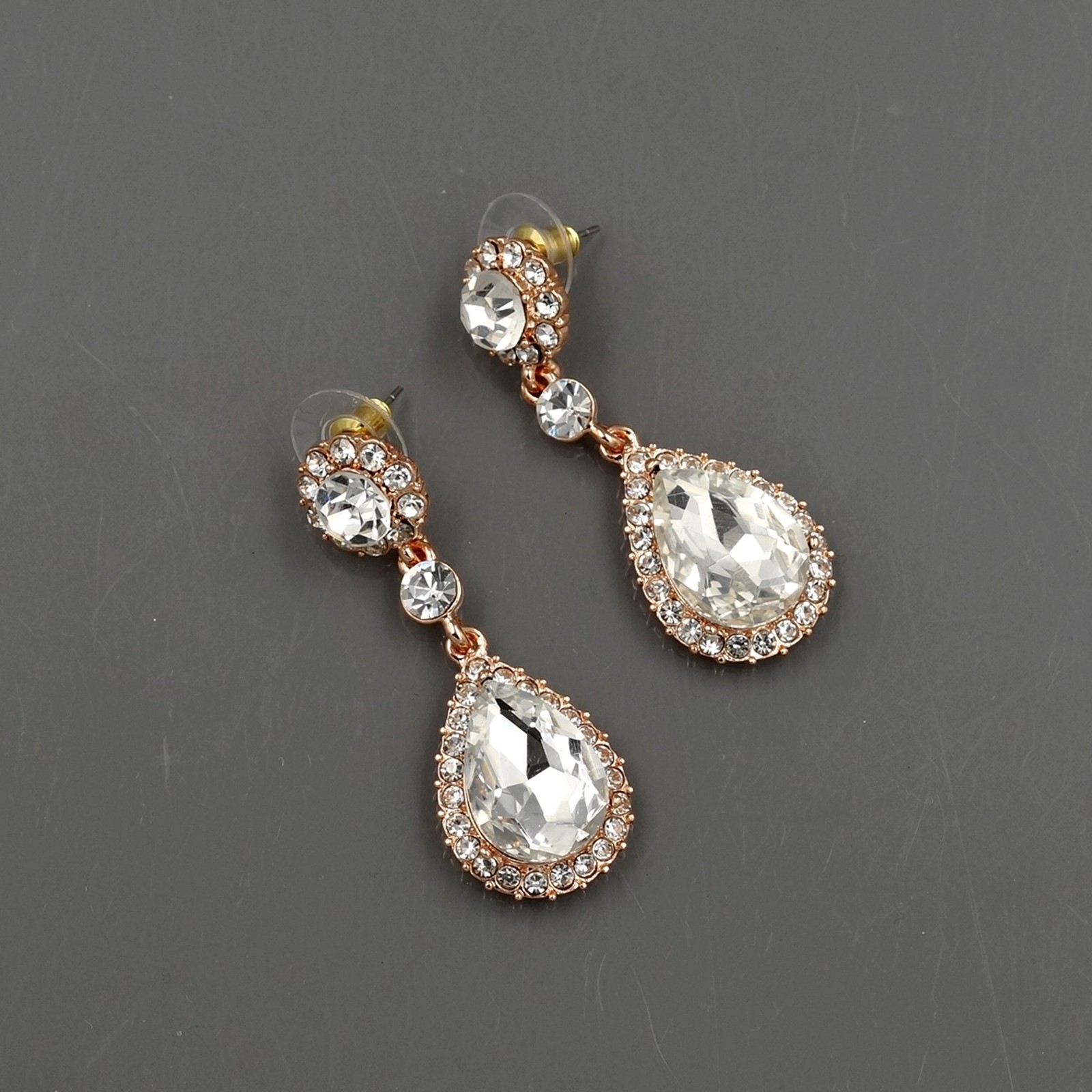 ROSE GOLD Plated Clear Crystal Necklace Pendant Earrings Wedding Jewelry Set 496