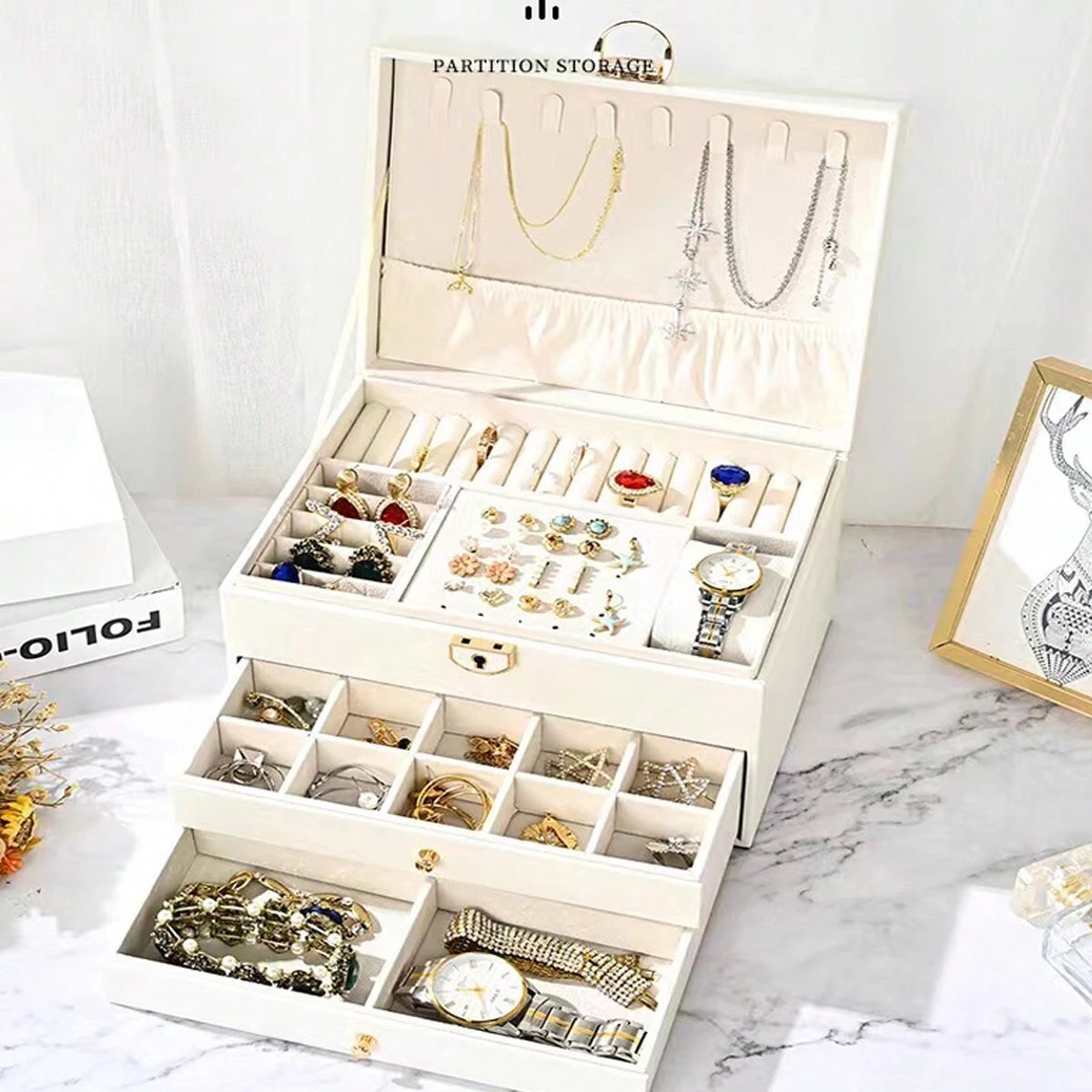 3-Layer PU Leather Jewelry Box with Lock for Rings Watches Necklaces