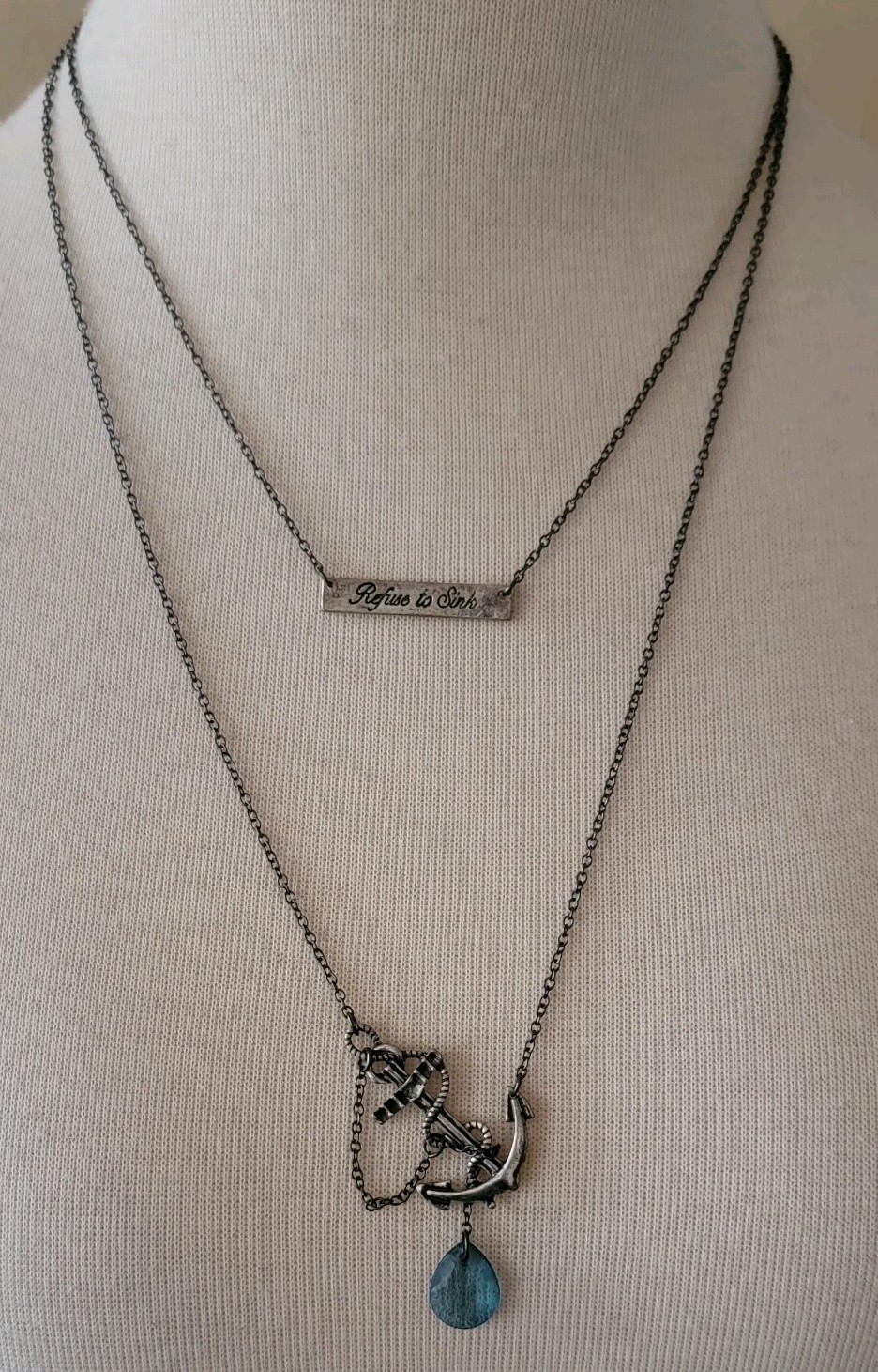 Black Heart Refuse to Sink Anchor Layer Necklace Custom Jewelry Gift for Her