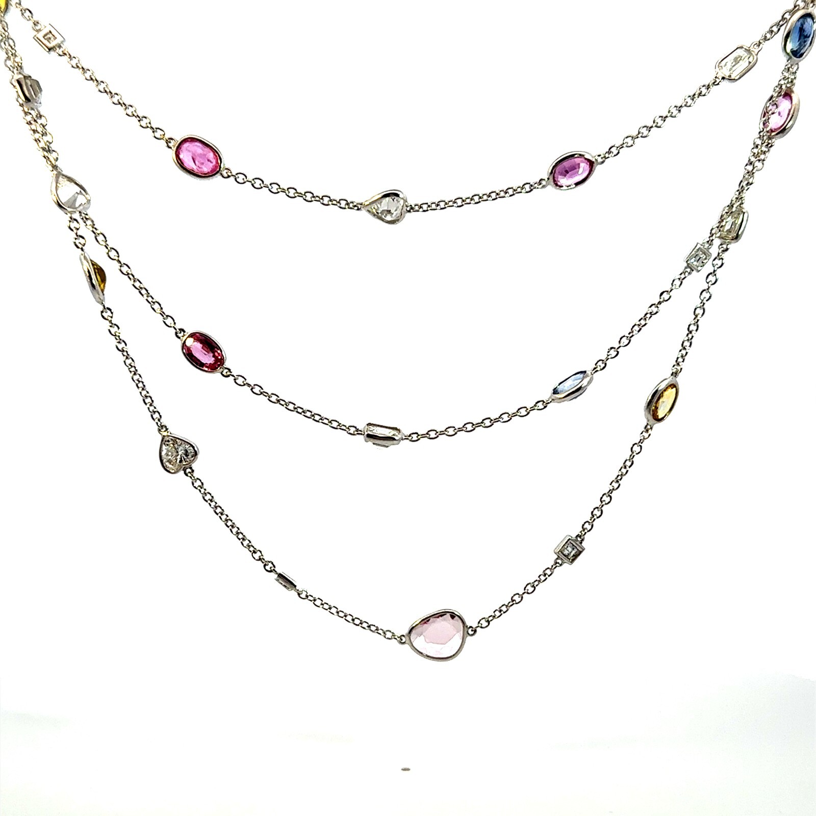 18K White Gold Fancy Cut Natural Diamonds & Multicolor Sapphire Necklace 64″