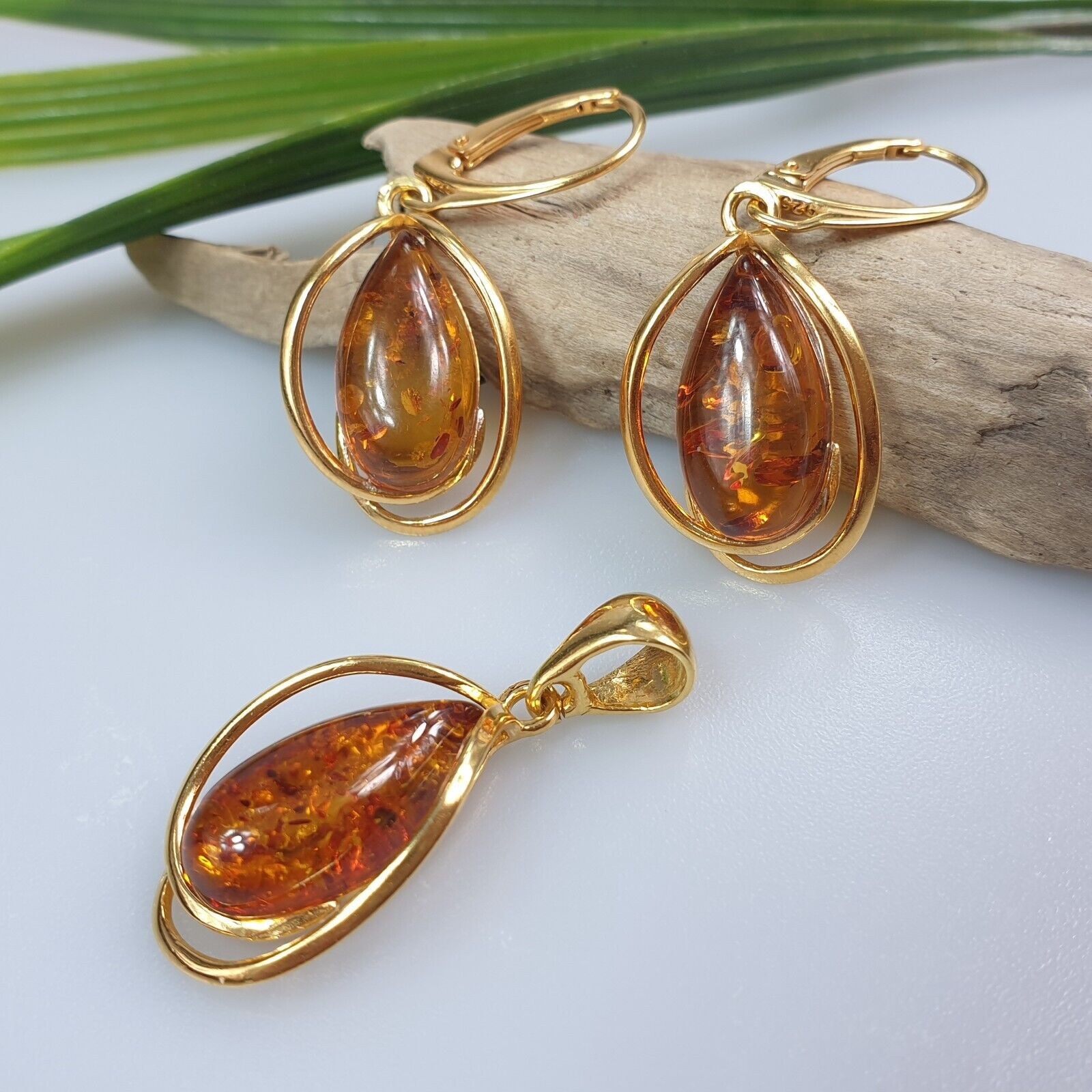 Amber earrings and pendant gold plated jewelry handmade real drop shape.