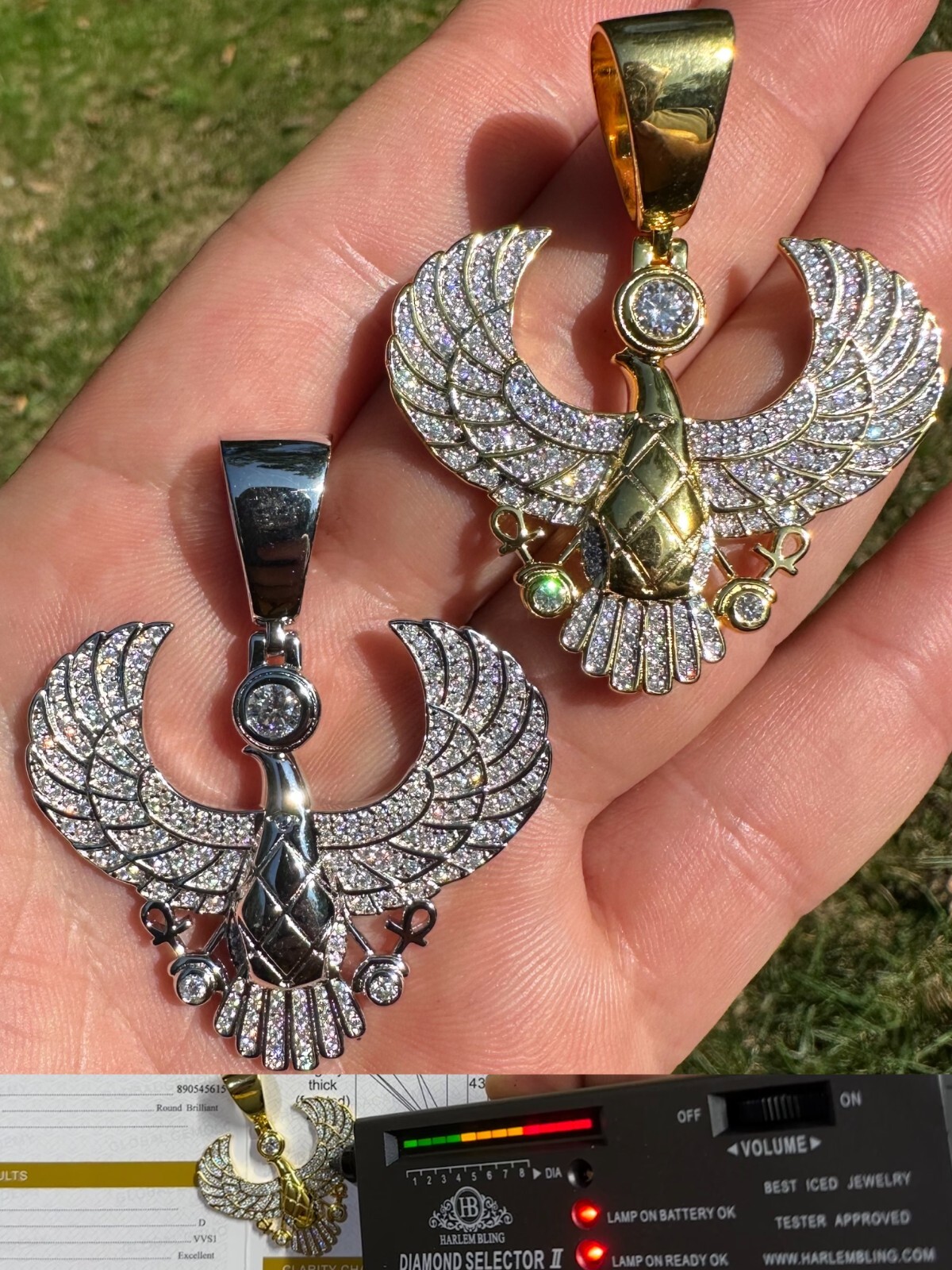 MOISSANITE Horus W. Ankh Pendant Real 925 Silver / Gold Iced Egyptian Necklace