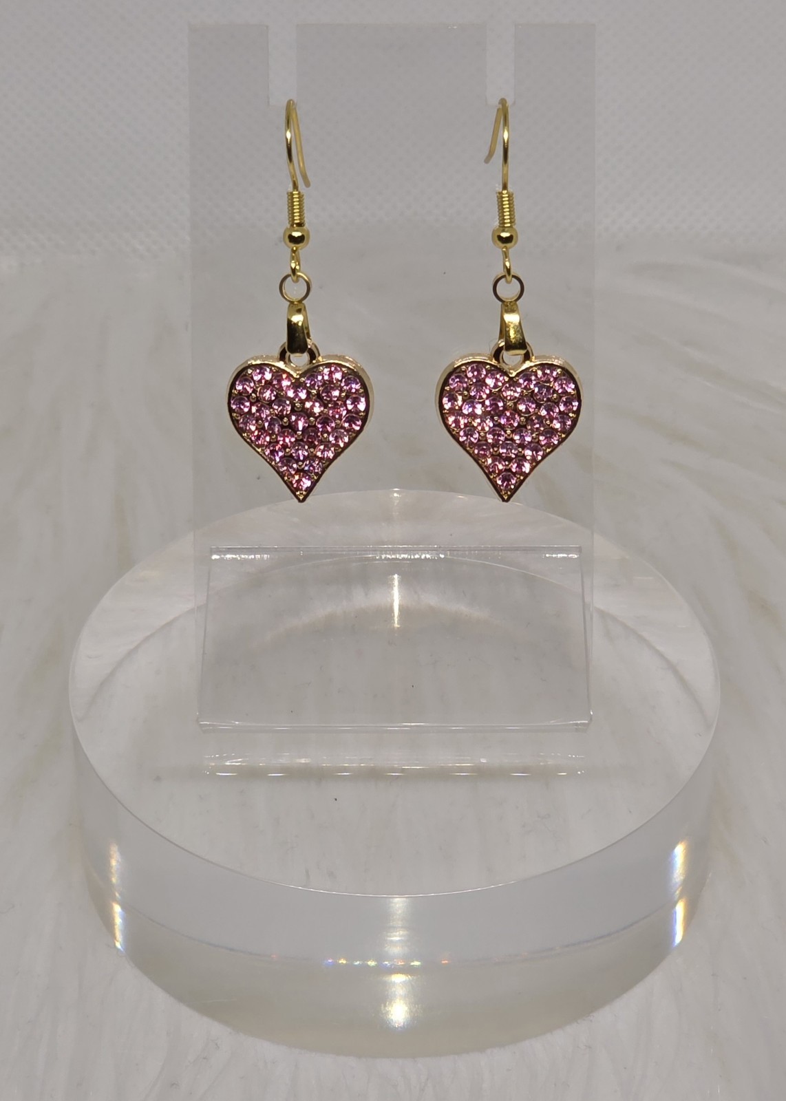 Valentines Day Dangling Gold & Pink Rhinestone Heart Golden French Hook Earrings