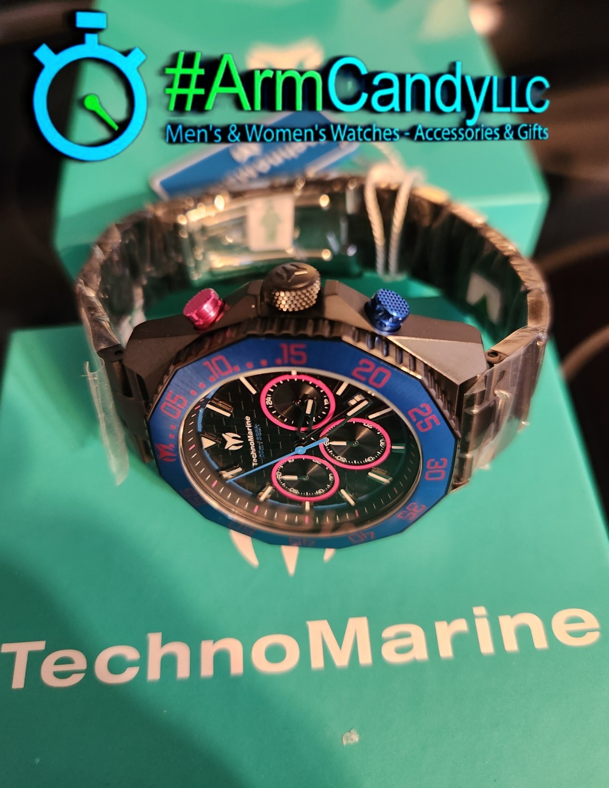 RARE! 44mm Mens TechnoMarine LEGENDS Watch Black-Blue-Pink Chronograph ONE LEFT!