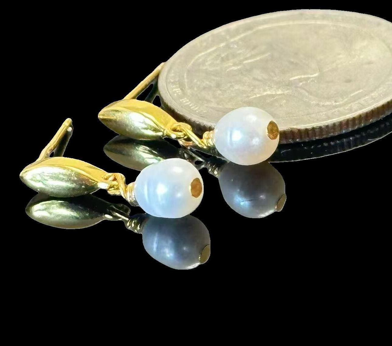 925 Silver Natural 5×7.5mm Pearl Drop Dangle Stud Earrings 14K Gold Plated