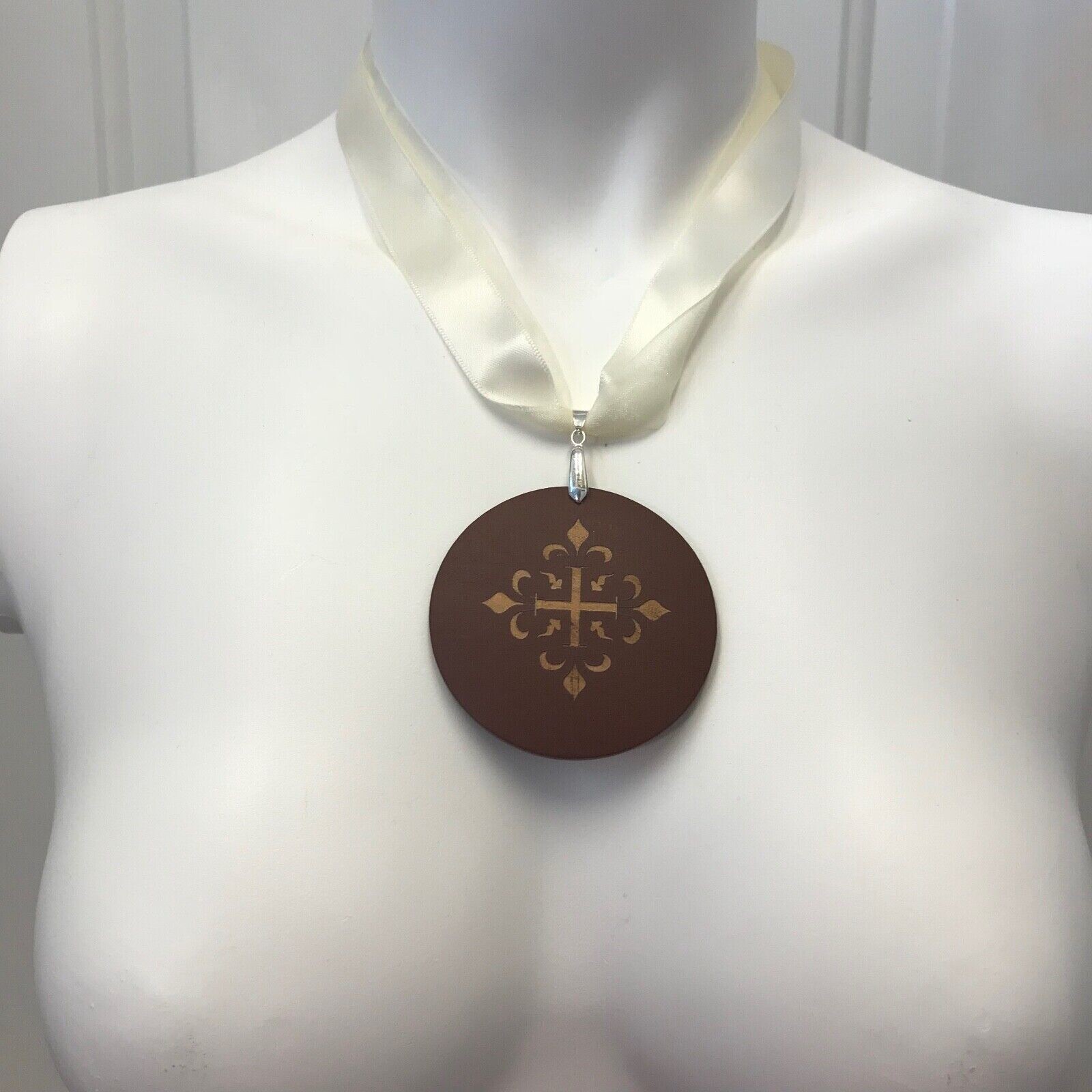 Brown Wood Pendant on an Ivory Organza Ribbon Necklace Silver Tone Metal