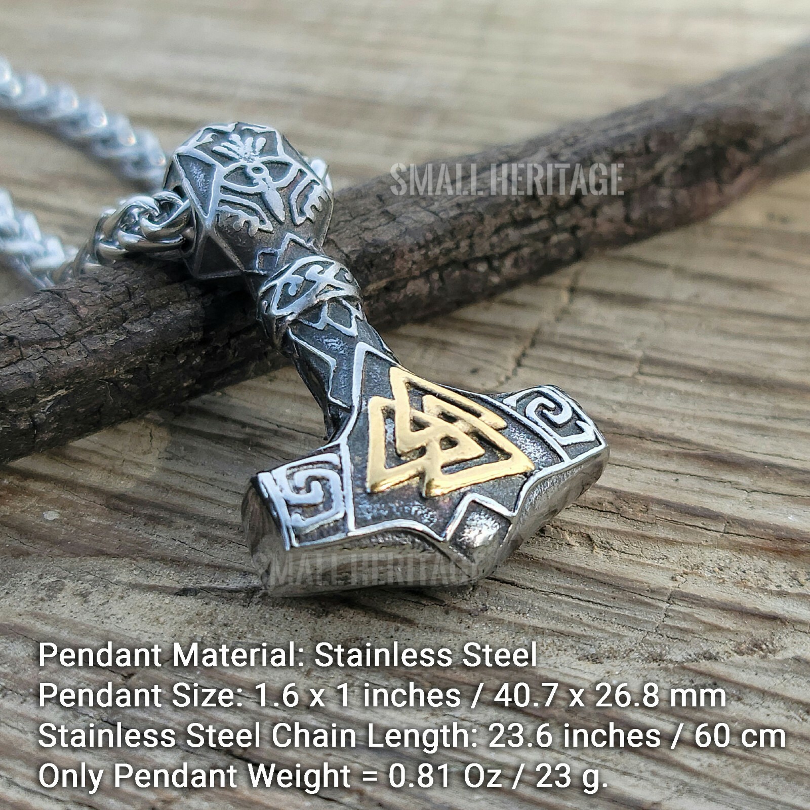Viking Mjolnir Hammer Small Pendant Valknut Stainless Steel Necklace Silver Gold