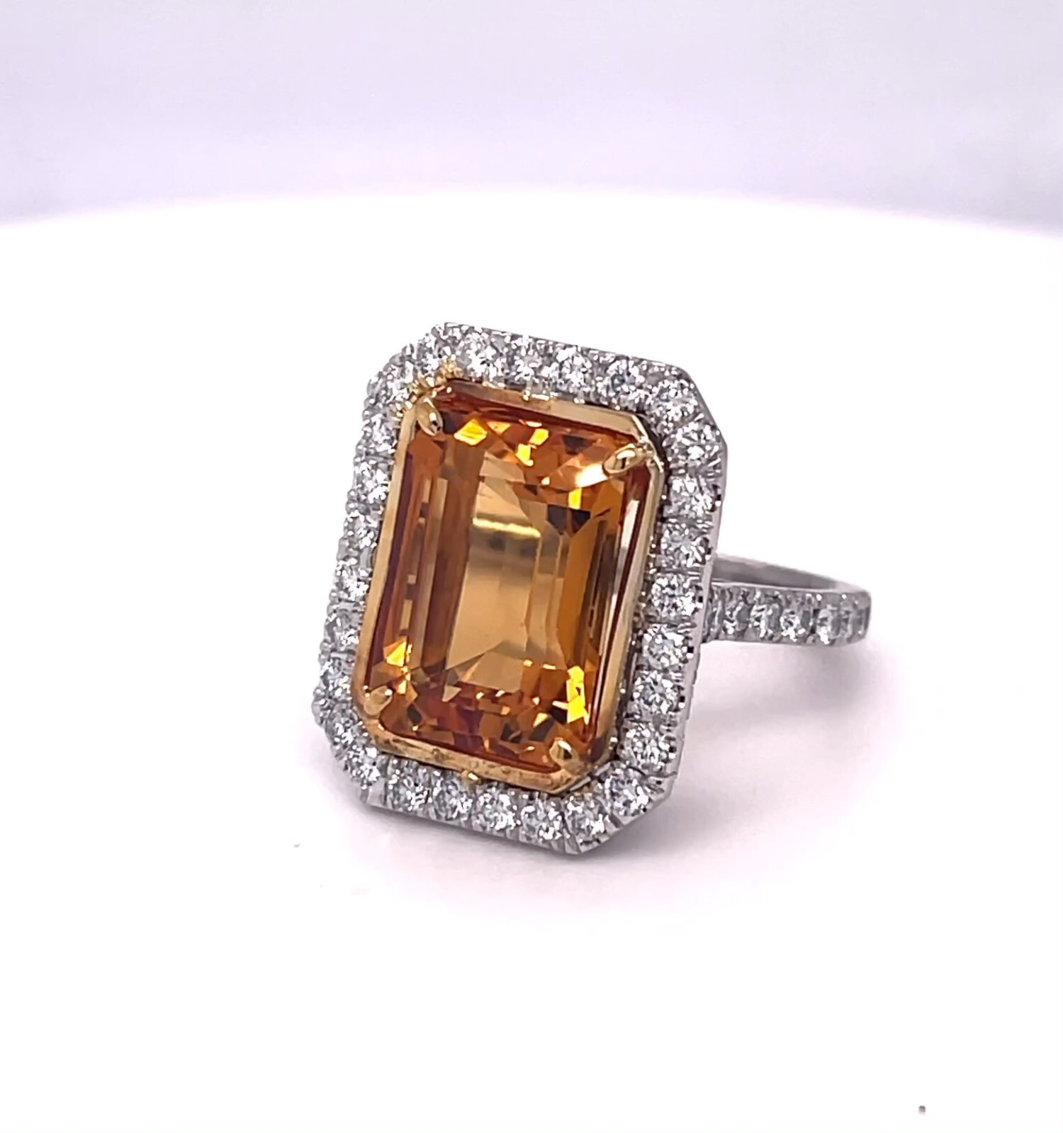 Emerald Cut Citrine and Diamond Ring 7.71 carats. Set in Platinum/18KYG