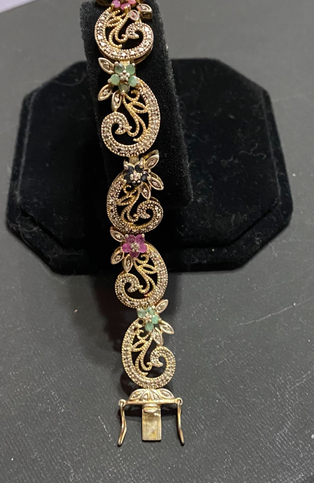 Vintage 925 Sterling Silver Gold Plated Filigree Gemstone Bracelet 7.5″ TDL