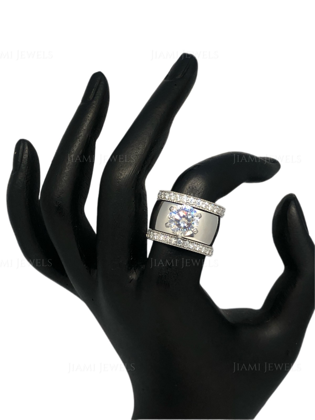 5Ct GRA Moissanite Bridal Trio Ring Set Wide Band 925 Silver White Gold Finish