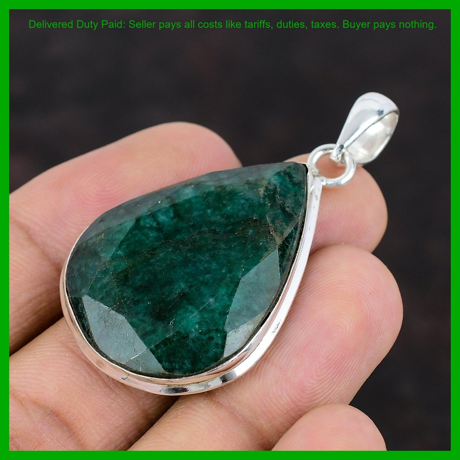 Valentines Sale 925 Sterling Silver Pear Zambian Emrald Stone Bezel New Pendant
