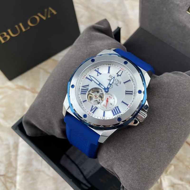 Bulova Marine Star Blue/WhiteDial Red Silicone Men’s Automatic 98A225 Watch 45mm
