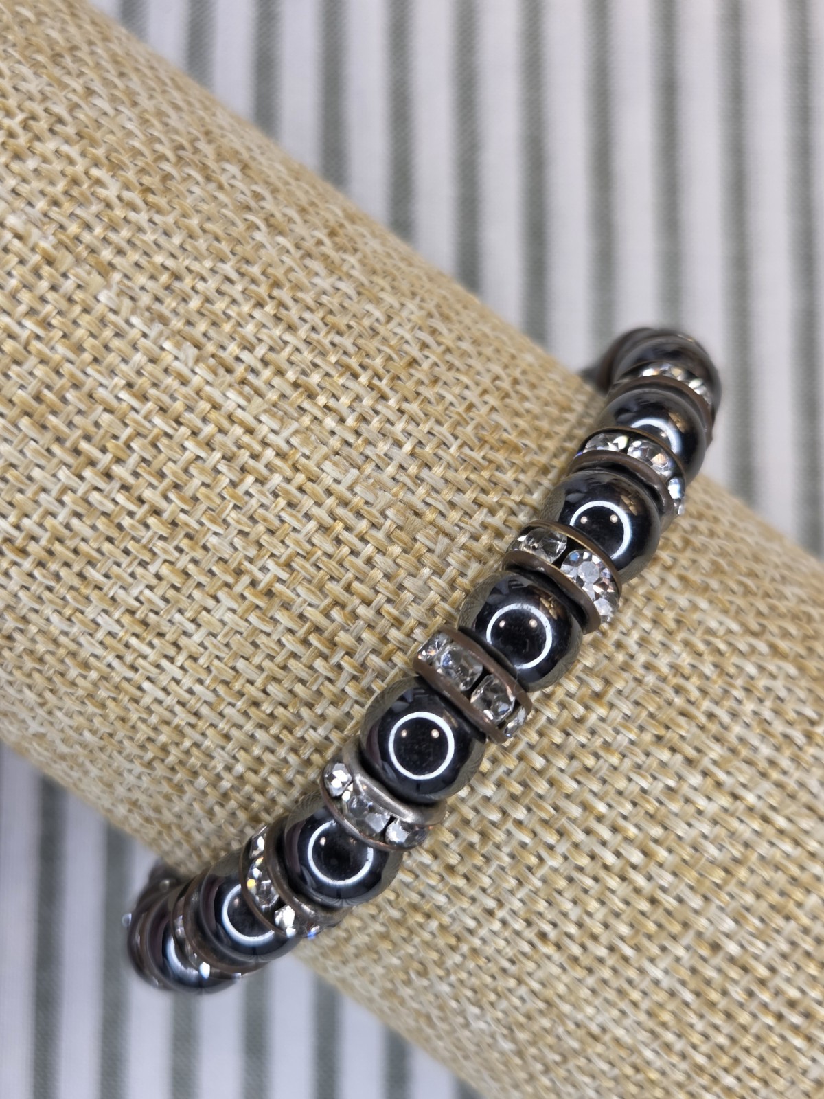 Silver Tone Black Bead Stretch Bracelet w/ Crystal Spacers, No Clasp