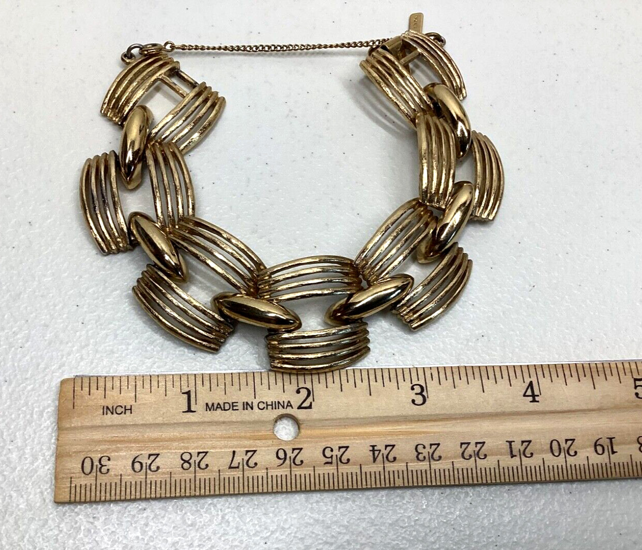 Monet Vintage Bracelet Gold-Tone Links Signed with Hangtag and Safety Chain 7 in