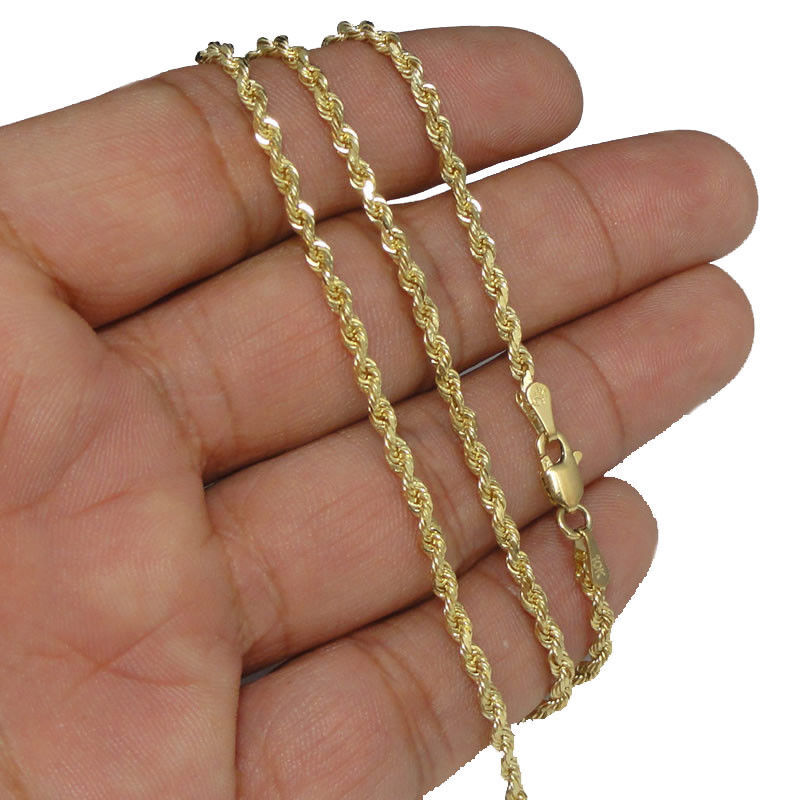 Real 10K Yellow Gold Nugget Heart Charm Pendant With 2.5mm Rope Chain