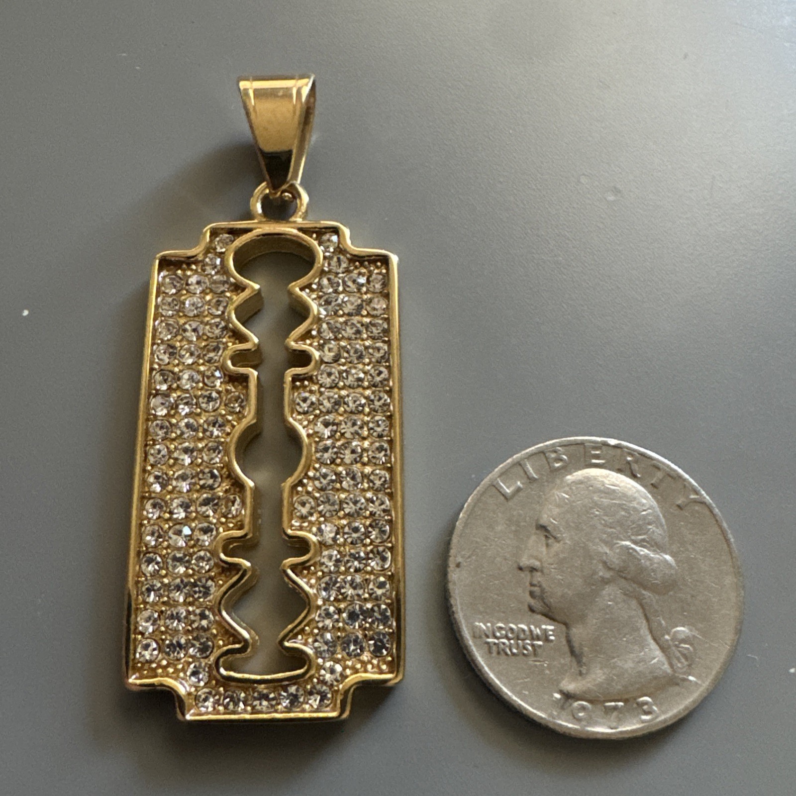 Blade Pendant Gold Plated Cubic Zirconia Stainless Steel 24 Inch Chain Razor