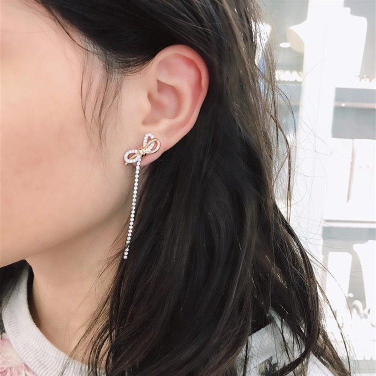 Elegant Women’s Long Dangle Earrings with Swarovski Crystal-studded Bows
