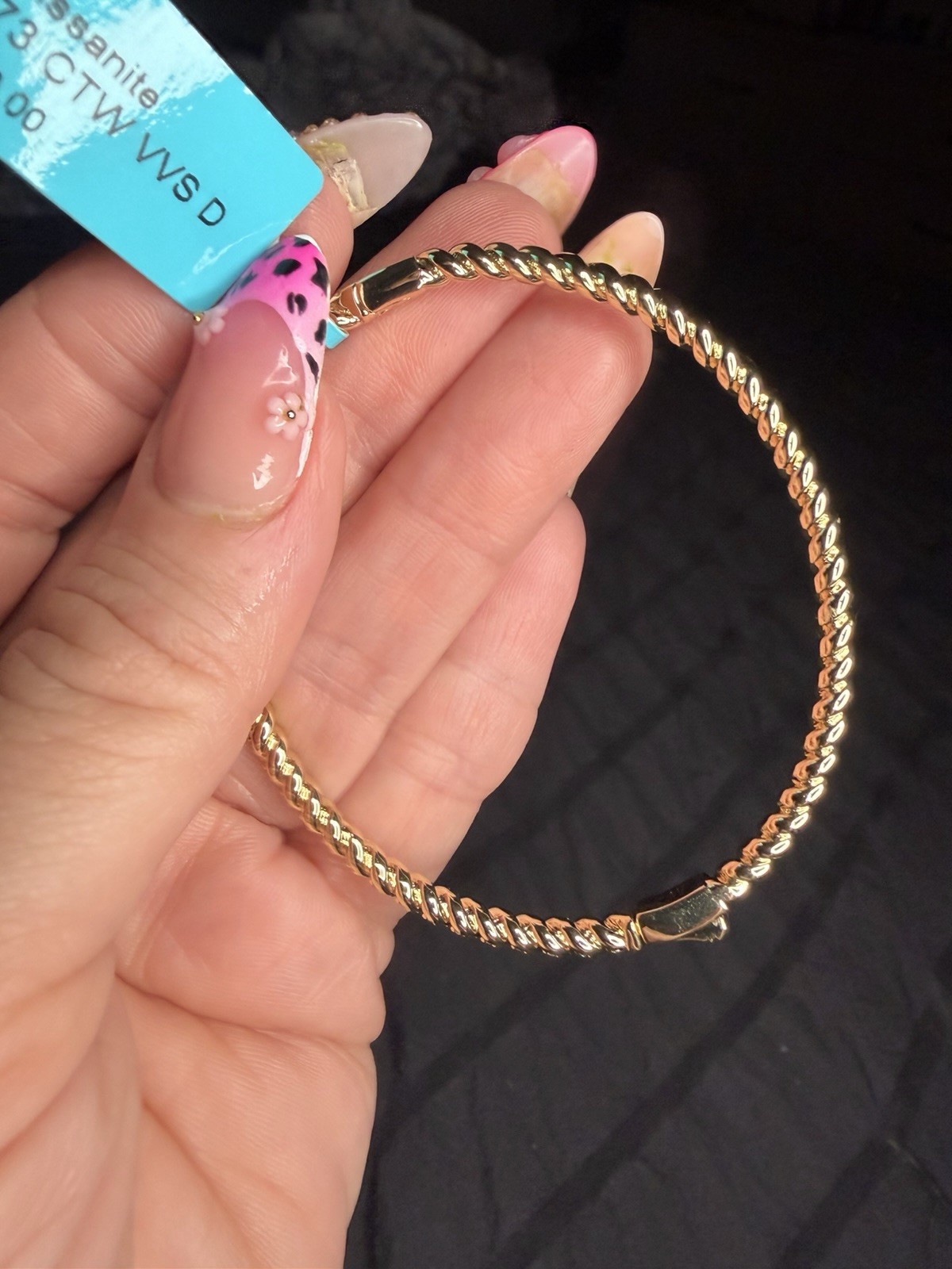 Gold Tone Rope Chain Bangle Bracelet White Moissanite Box Clasp