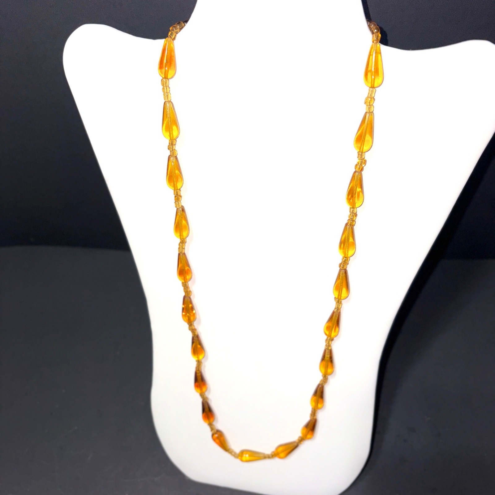Vtg Amber Glass Teardrop Bead Necklace Yellow Honey Translucent 26″
