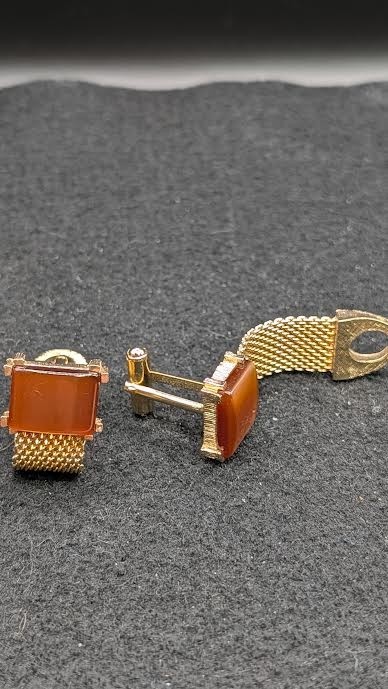 Vintage Mesh Chain Gold tone Modernist Square Clear Brown Stone Cuff Links