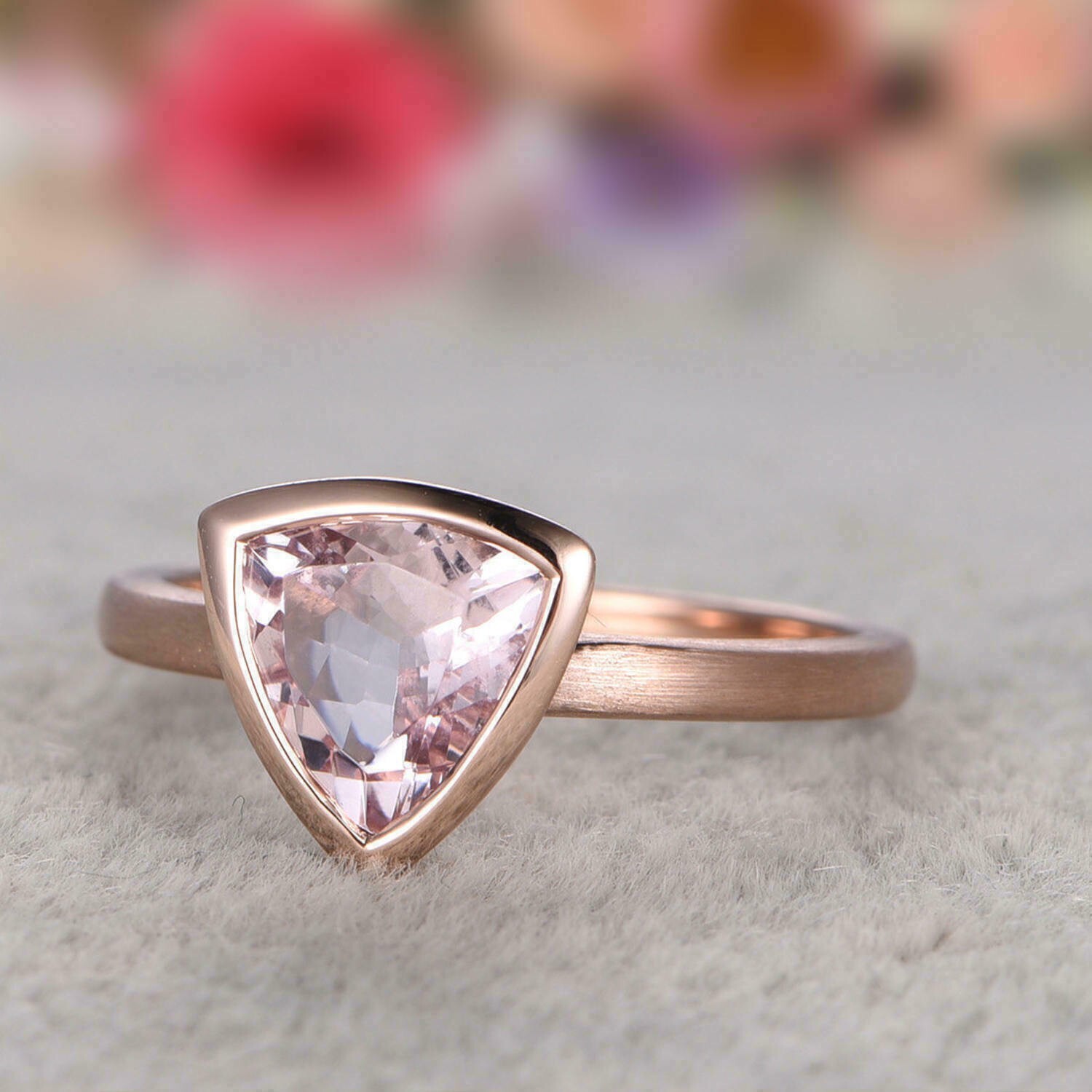 1.12Ct Trillion Cut Lab Created Morganite Women Ring 14k Rose Gold Plated Silver